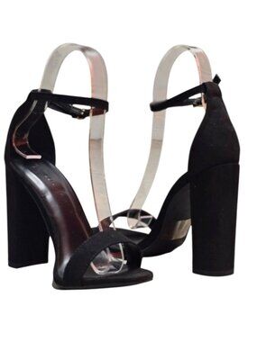 Womens Black Suede Block Heel Sandals With Adjustable Ankle Strap